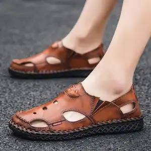 包头男士凉鞋夏季透气镂空洞洞凉鞋懒人一脚蹬牛皮户外防滑沙滩鞋