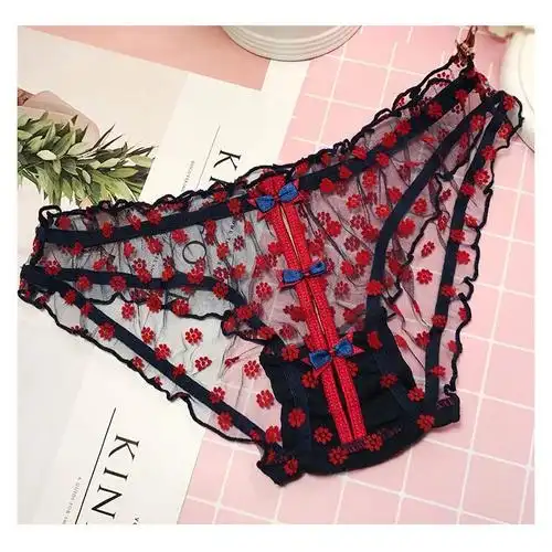 维多利亚性感蝴蝶结女士内裤中低腰透明网纱蕾丝镂空棉裆三角裤