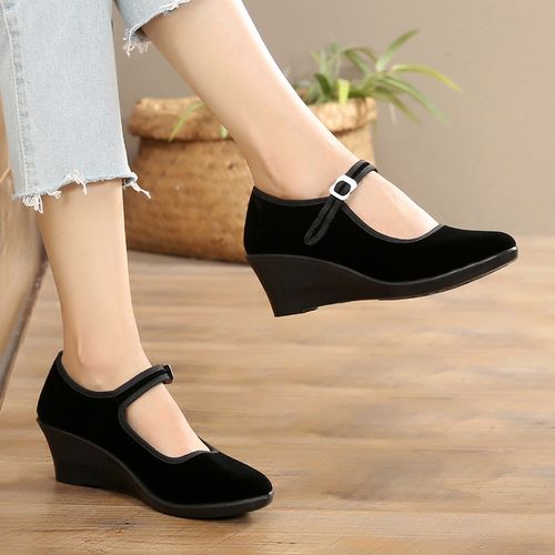 老北京布鞋女高跟坡跟黑布鞋酒店职业工作单鞋防滑舞蹈礼仪演出鞋