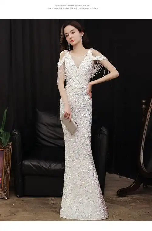 2022高端晚礼服新款宴会高贵气质流苏鱼尾主持人亮片连衣裙,女装