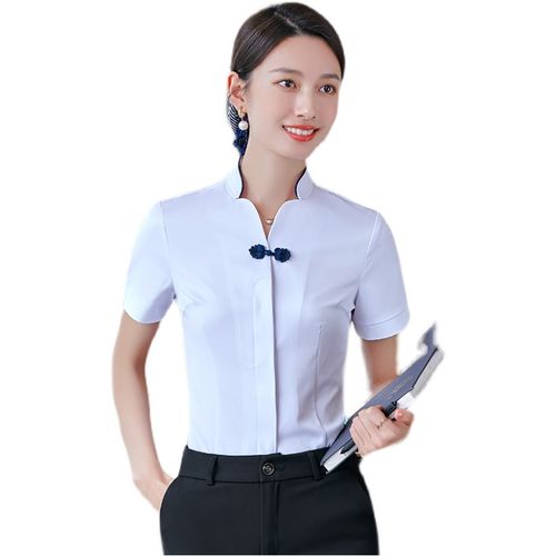 正品酒店前台接待服务员工作服v领盘扣空姐白衬衫珠宝店收银职业