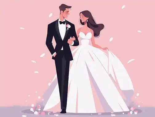 卡通扁平手绘情侣婚纱照结婚甜蜜互动人物插画