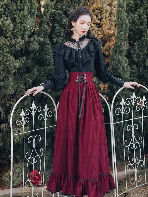 2021春装新款女装复古宫廷风黑色衬衫搭配长裙两件套装年会小礼服