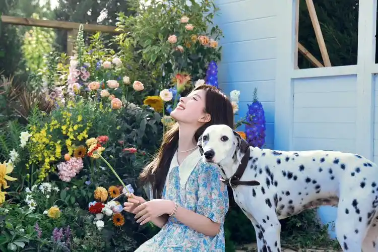 赵露思花园写真蓝色泡泡袖碎花裙甜美可爱青春洋溢