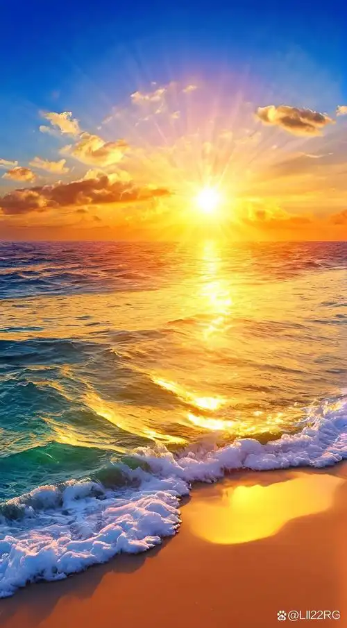 壁纸拿去 海浪轻吻着沙滩,阳光洒下金辉,美好如斯,与你共享