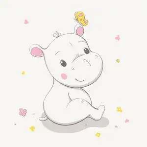 可爱的河马坐在空地上, 耳朵上有一只蝴蝶.卡通动物卡片.