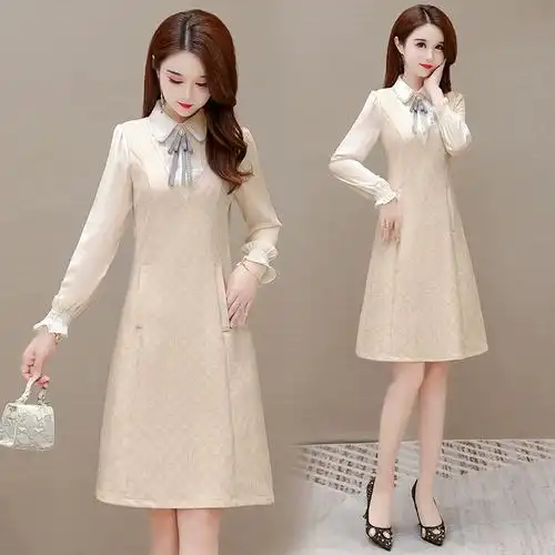 2022年春秋新款气质淑女优雅收腰显瘦假两件蝴蝶领连衣裙