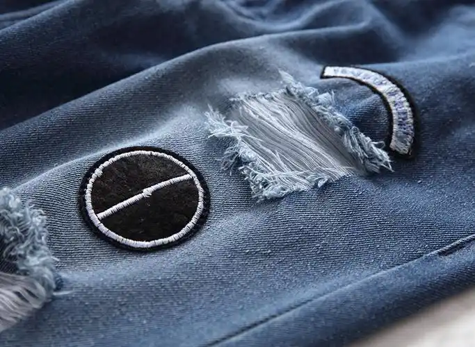 高街潮流个性男装时尚流行高街破洞贴布补丁乞丐裤弹力牛仔短裤