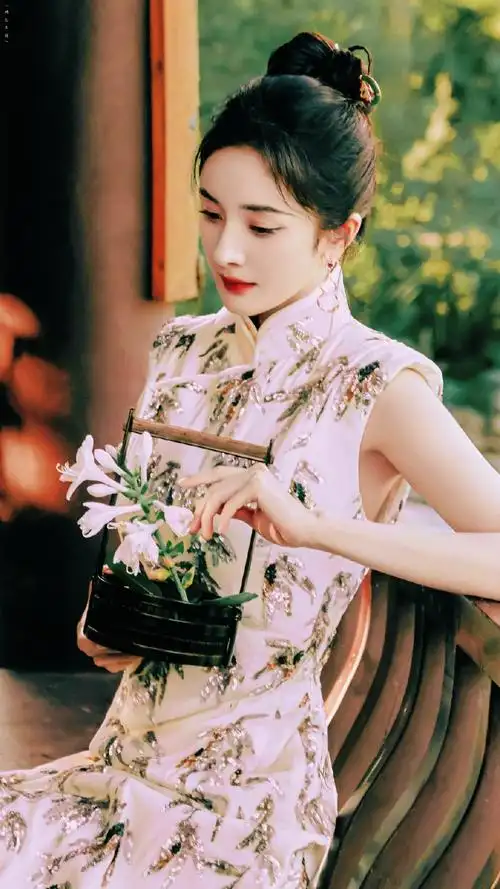 杨幂在法国穿旗袍过中秋