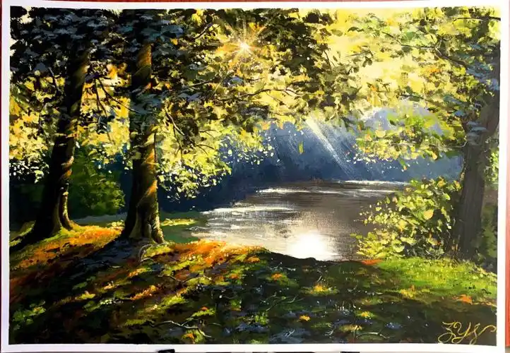 静谧的森林写实风景画丙烯色彩