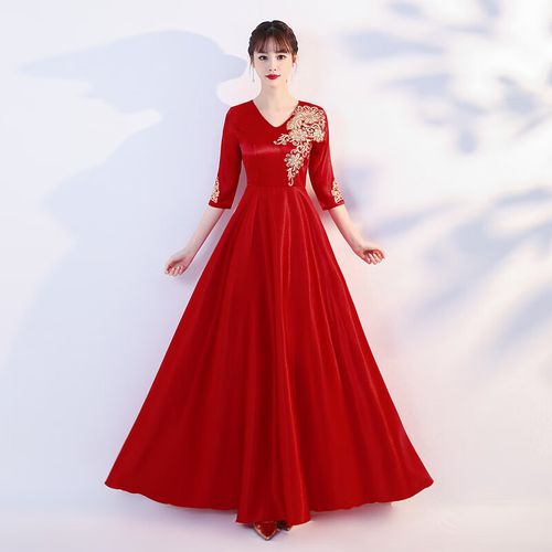 帛雷斯诺独唱演出服女礼服朗诵成人红色大合唱长裙合唱团红歌指挥服装