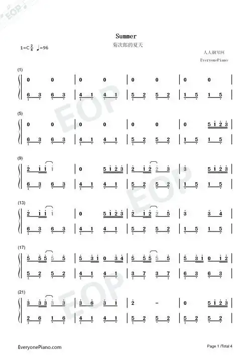 菊次郎的夏天summerc调简单版双手简谱预览1