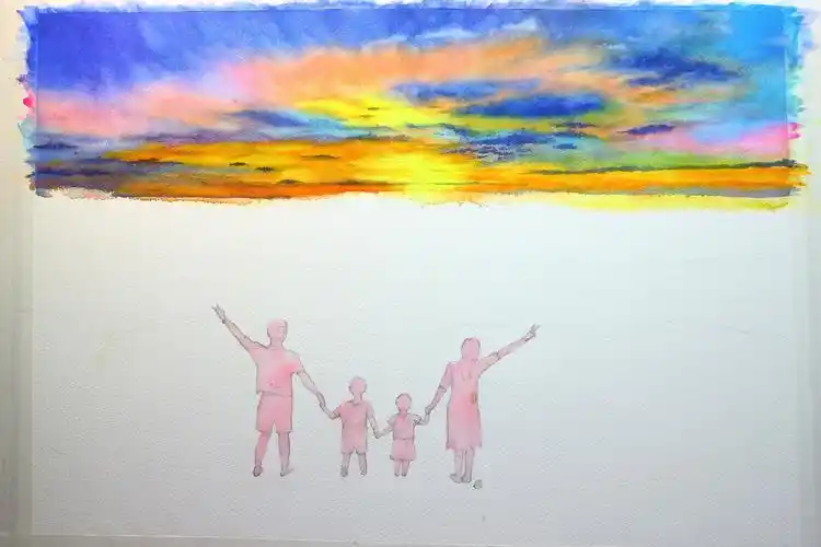水彩画-一家四口