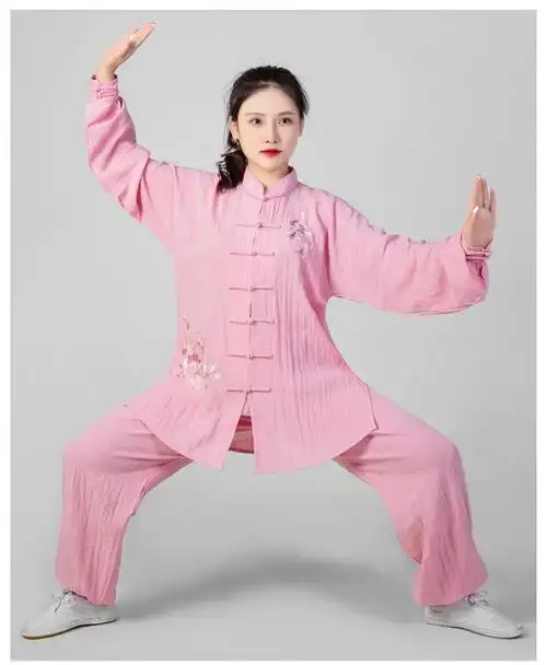 太极服棉麻女春秋季武术服团体表演服演出服亚麻棉太极拳练功服套装乳