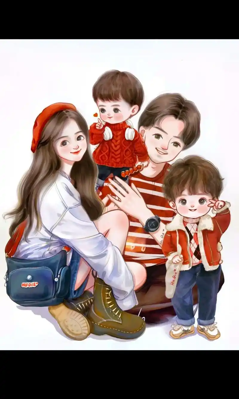 一家四口卡通头像两个儿子红色竖版 - 抖音