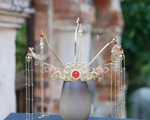 结婚头饰新娘公主三件套古代头饰凤冠大气汉服发饰凤冠流苏古典发