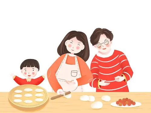 彩色手绘卡通新年春节一家人人物包饺子元素png素材