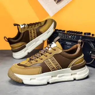 老爹鞋男潮牌夏季美拉德复古皮面运动鞋青少年软底透气棕色跑步鞋卡其