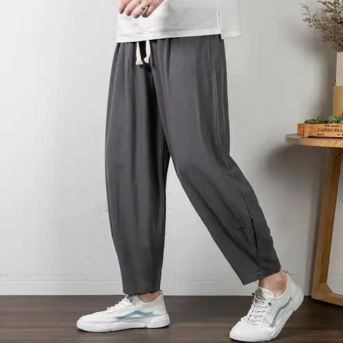 男士春秋棉麻九分灯笼裤大码宽松休闲哈伦裤中休闲裤