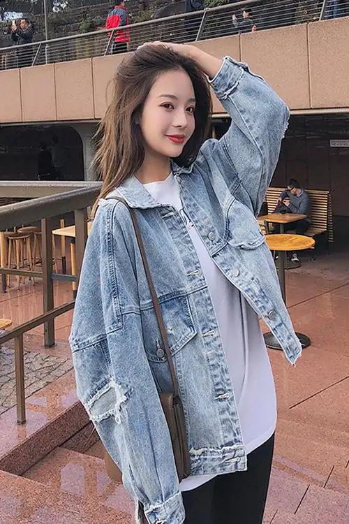 港味复古牛仔外套女秋季新款韩版bf宽松破洞牛仔衣女夹克上衣潮