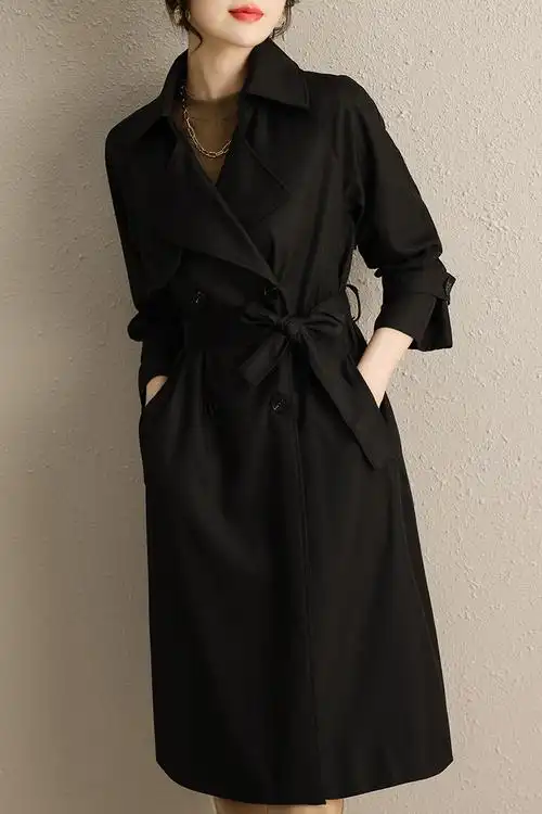 长款风衣外套女英伦范2022秋冬过膝休闲气质炸街显瘦翻领工装大衣 -