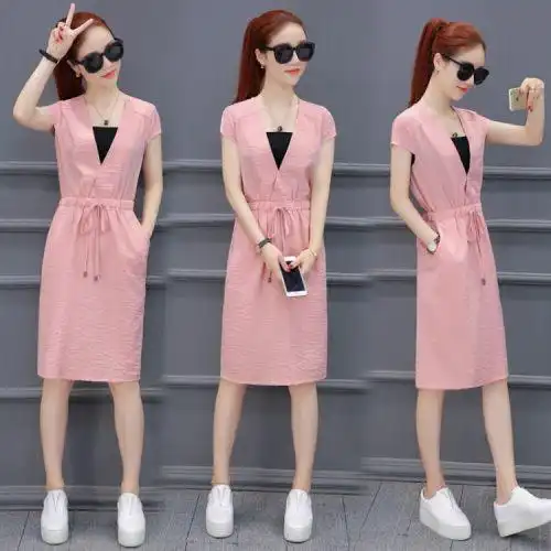 休闲连衣裙女夏2017新款女装收腰修身显瘦时尚气质短袖裙子女夏装