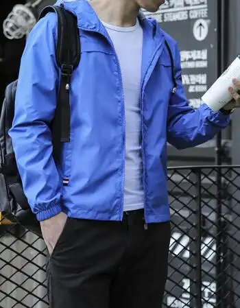 2017夏季薄款夹克男士休闲外套春装青年修身款防晒衣服男装 天蓝色