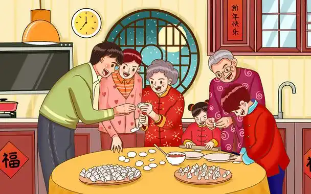 彩色卡通手绘2021春节除夕初一全家人包饺子年夜饭原创插画海春节包