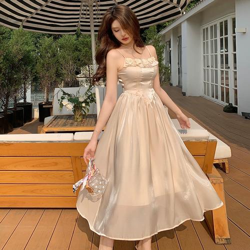 人鱼姬流光吊带连衣裙海边度假纯欲风珠光网纱仙女裙收腰显瘦气质