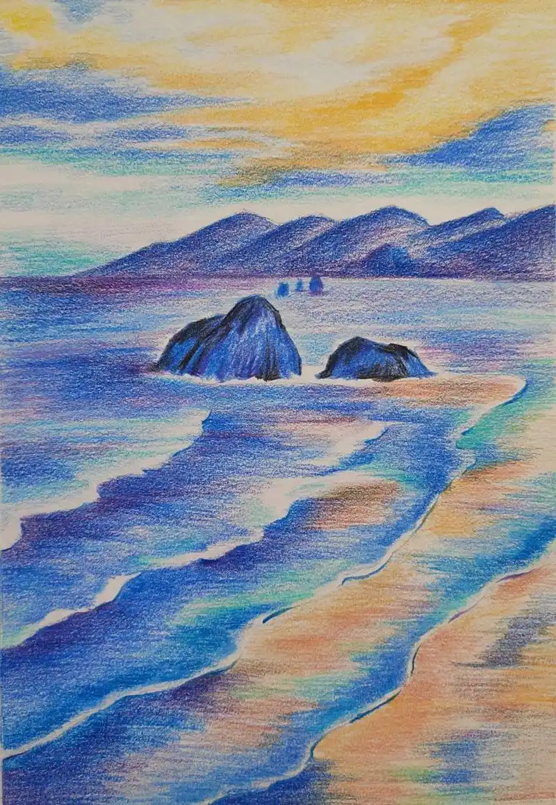 彩铅风景画教程《海浪》 真的很喜欢大海 我的歌单也是关于海浪的