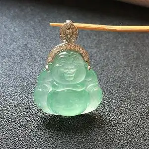 高冰种浅绿色佛公吊坠18k金镶嵌女款玉佛a货老种高档冰绿佛小玉坠