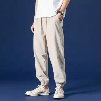 亚麻松紧裤裤子男春夏棉麻宽松束脚裤哈伦裤春季男士休闲长裤米白色m