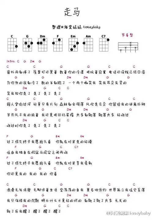 陈粒走马尤克里里弹唱谱,民谣歌曲《走马》ukulele谱,感谢海棠妹妹