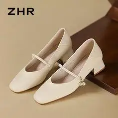 zhr单鞋女温柔风粗跟浅口女鞋气质珍珠方头玛丽珍鞋女y778米色36