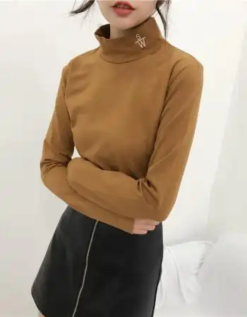 春款上衣女2018新款韩版刺绣百搭半高领长袖t恤女潮 浅棕色 xl