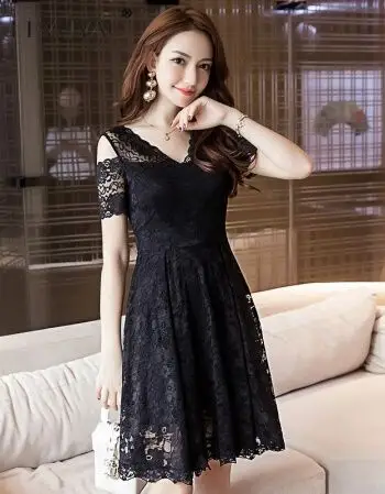 keyuyao原创连衣裙女夏2018新款漏肩v领蕾丝裙韩版修身显瘦遮肚a字裙