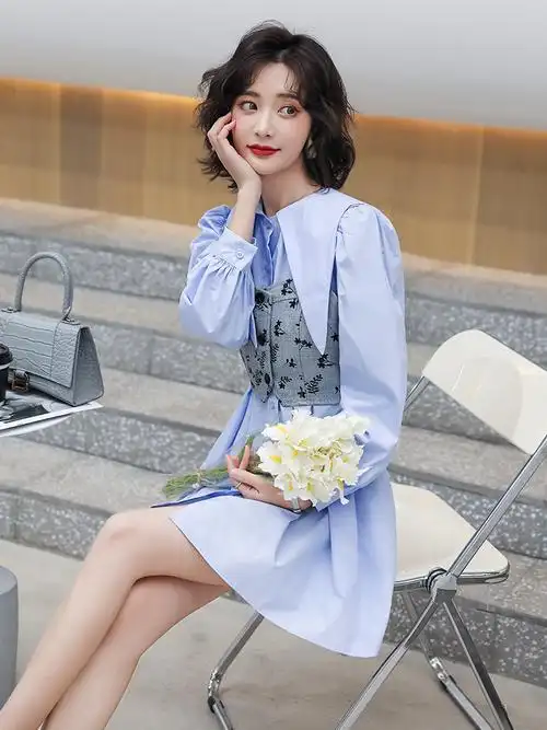 女装春季2021新款裙子收腰显瘦气质修身春秋长袖两件套衬衫连衣裙