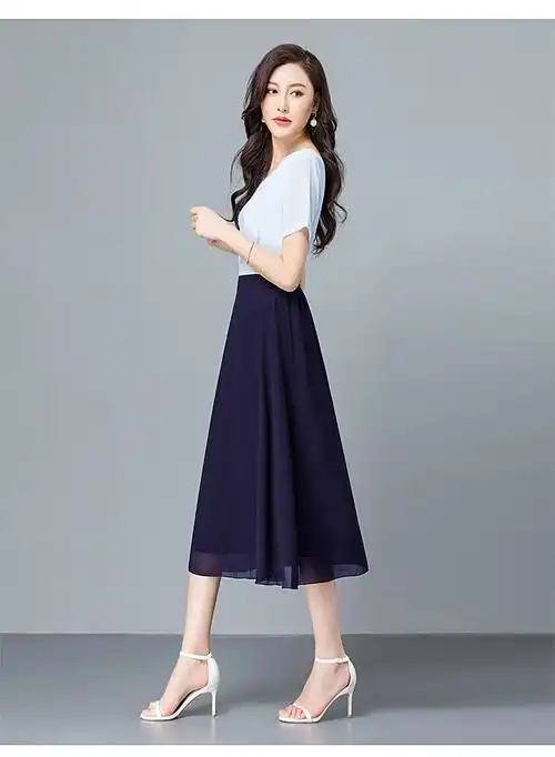 半身裙女夏季新款中长款裙子垂感a字裙高腰大码显瘦伞裙藏蓝色m95110