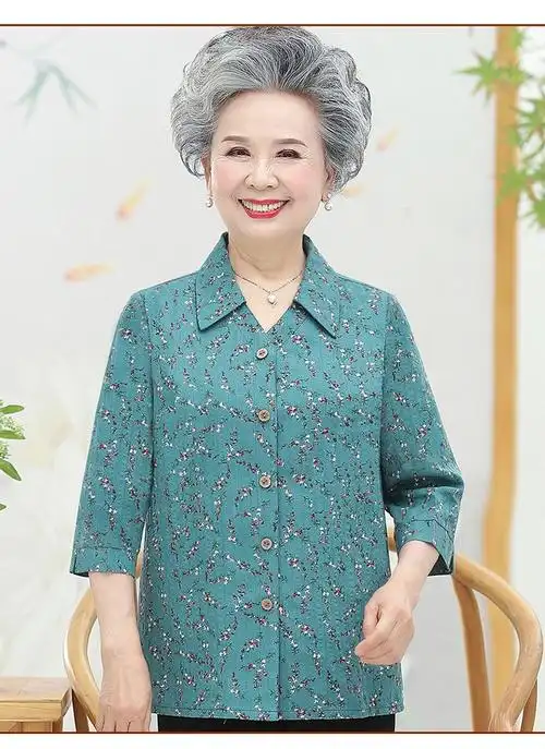 清韵语中老年妈妈夏季七分袖棉麻衬衫女60岁70老太太上衣奶奶装棉质