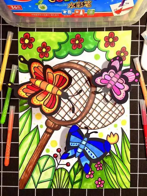 创意少儿绘画捉蝴蝶03含线稿