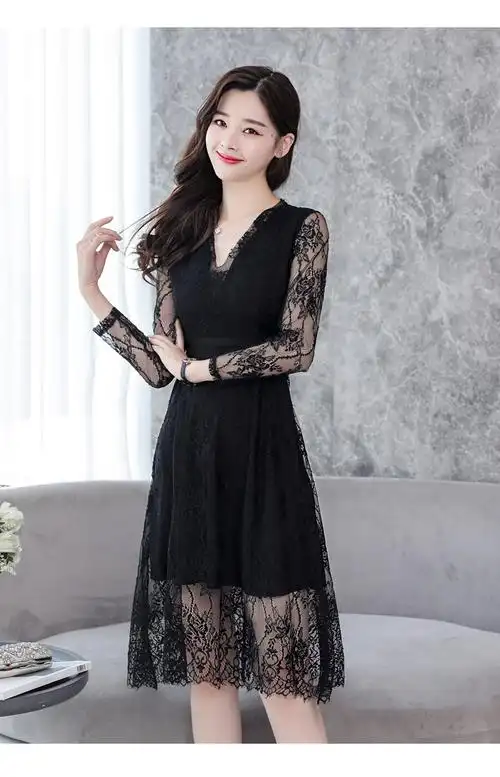 fs12795# 春季新款韩版女气质v领蕾丝连衣裙中长款长袖打底裙