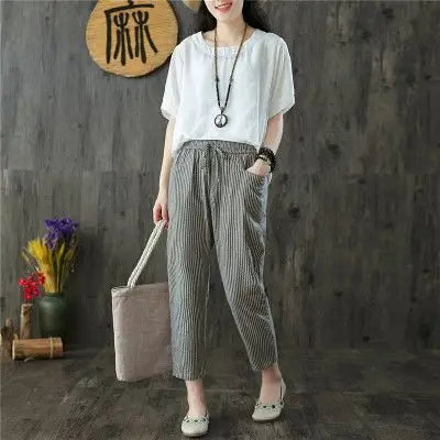 冰丝棉麻裤女夏宽松九分裤新款亚麻料