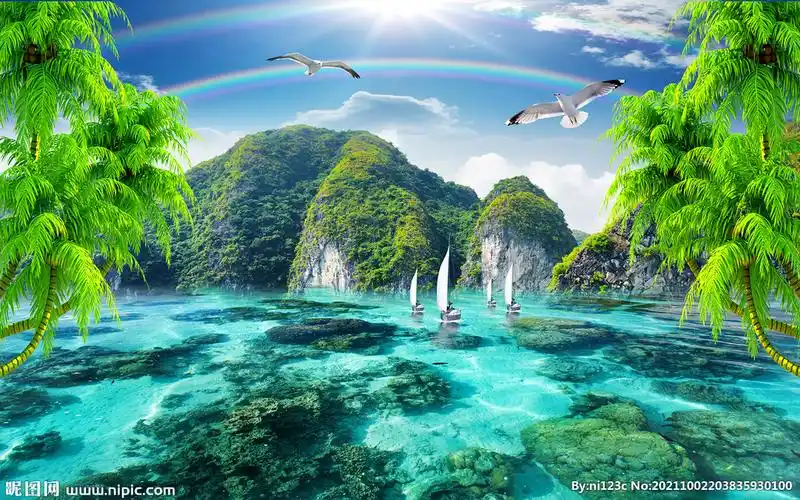 海景风光风景画椰树沙滩背景墙