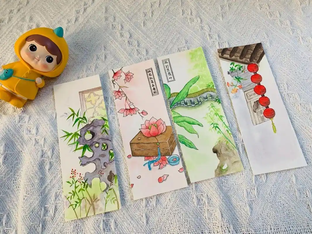 水彩绘画—古风小书签(内附线稿) 久违的书签绘画,爱上这种小巧而精致