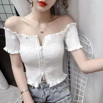 露肩一字肩上衣女生夏天露肩膀衣服性感一字领风粉色双拉链头设计感