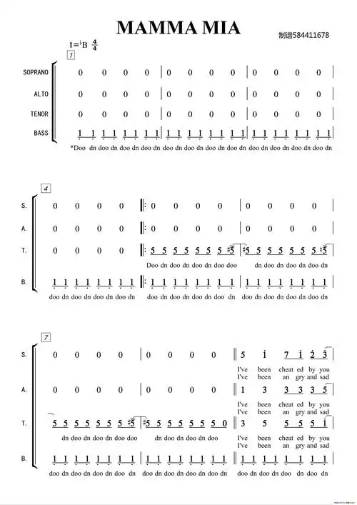 妈妈咪呀合唱简谱(mamma mia)