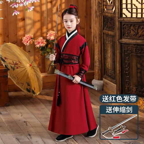 服装女童古风汉服霸气秋冬款武侠侠中国服古装 女侠(贈伸缩剑 发带)