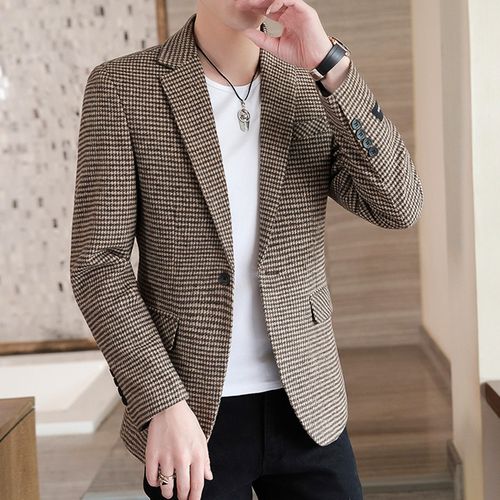 西装男秋季千鸟格暖男韩风修身小西服外套一套搭配成熟稳重潮单西