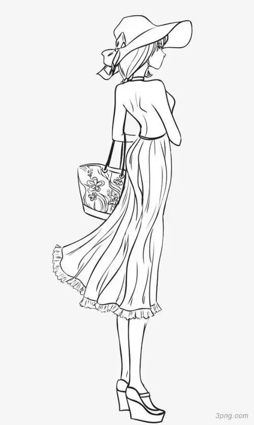 手绘时尚美女线稿png素材透明免抠图片-动植人物