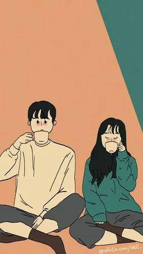 甜蜜小情侣插画美图手机壁纸